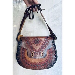 Vintage Mexican Leather Bag SIOUX Tooled Floral Boho Hippie Shoulder Crossbody